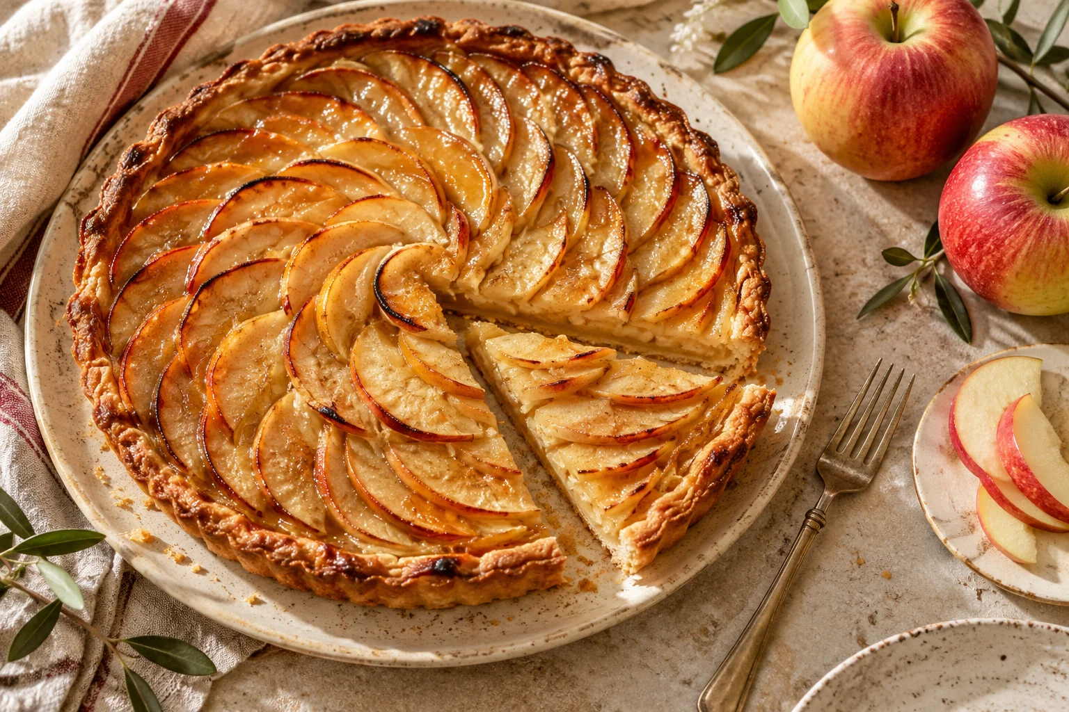 Tarte fine aux pommes dorée, sur une table de cuisine