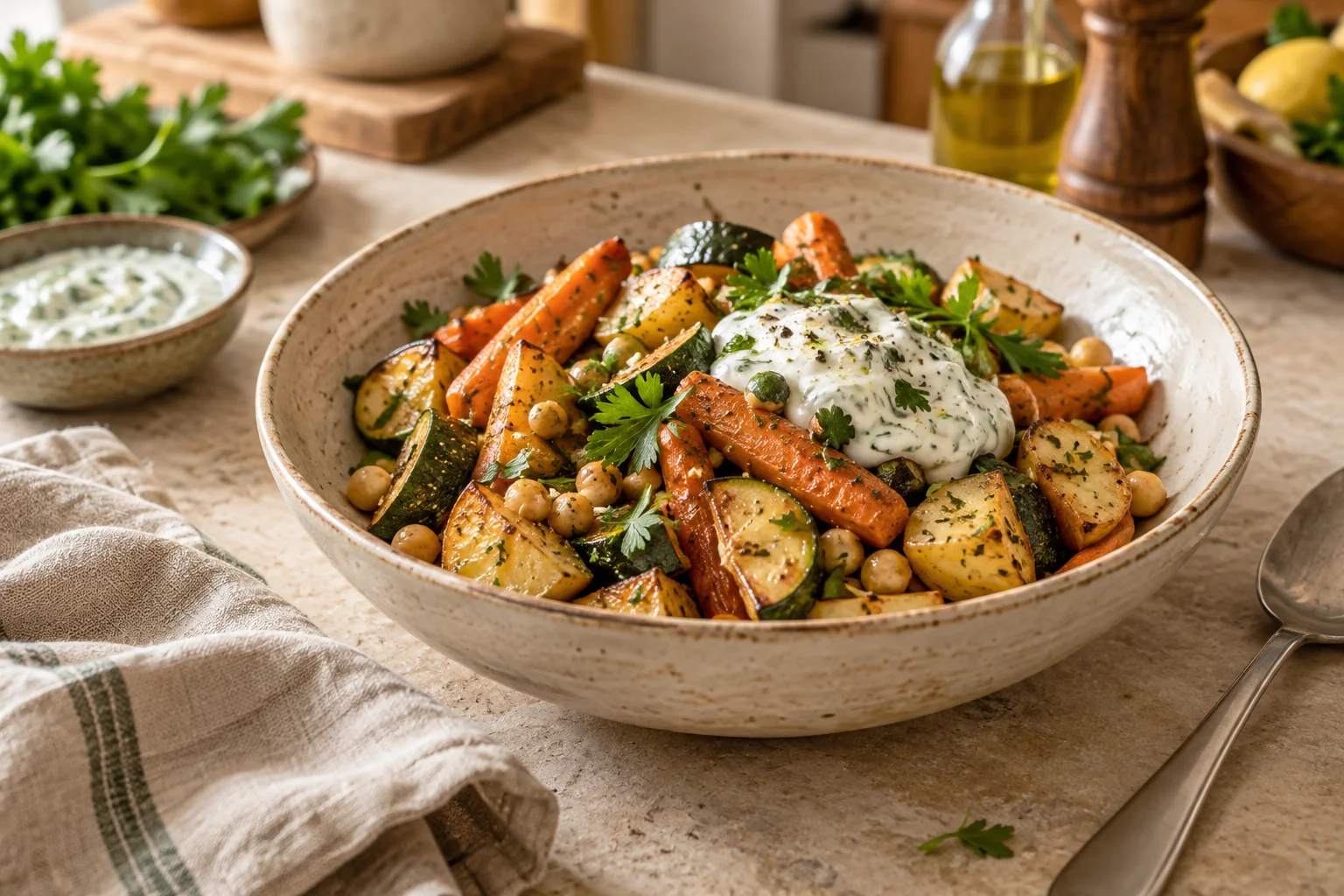 Légumes rôtis et pois chiches, servis avec une sauce aux herbes